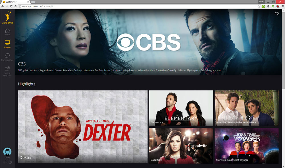 Die Showtime-Serie "Dexter" ist in der CBS-Rubrik zu finden | Screenshot: Redaktion